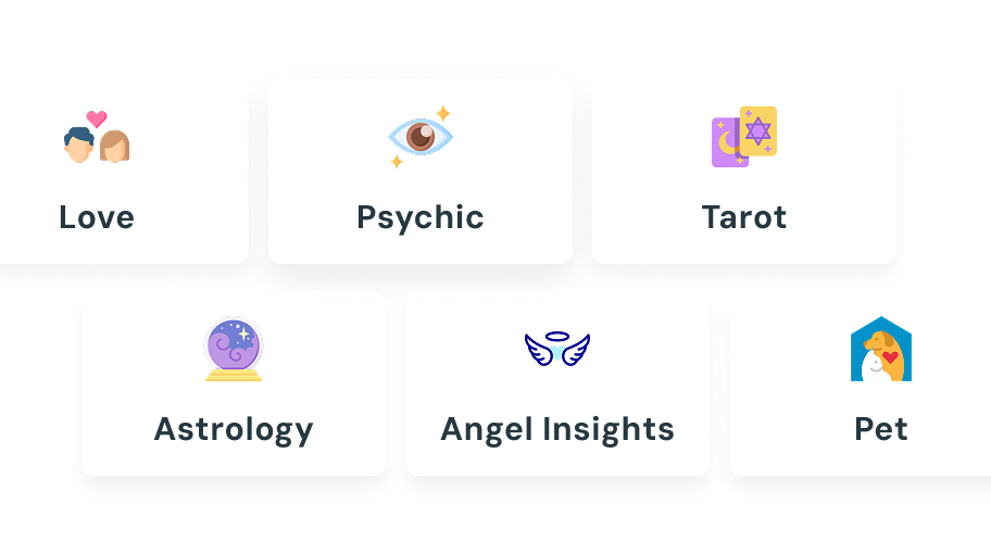 Category grid showing Love, Psychic, Tarot, Astrology, Angel Insights, Pet