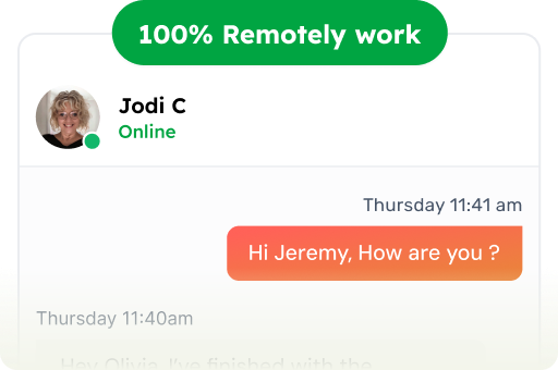 Chat interface showing 100% Remotely work